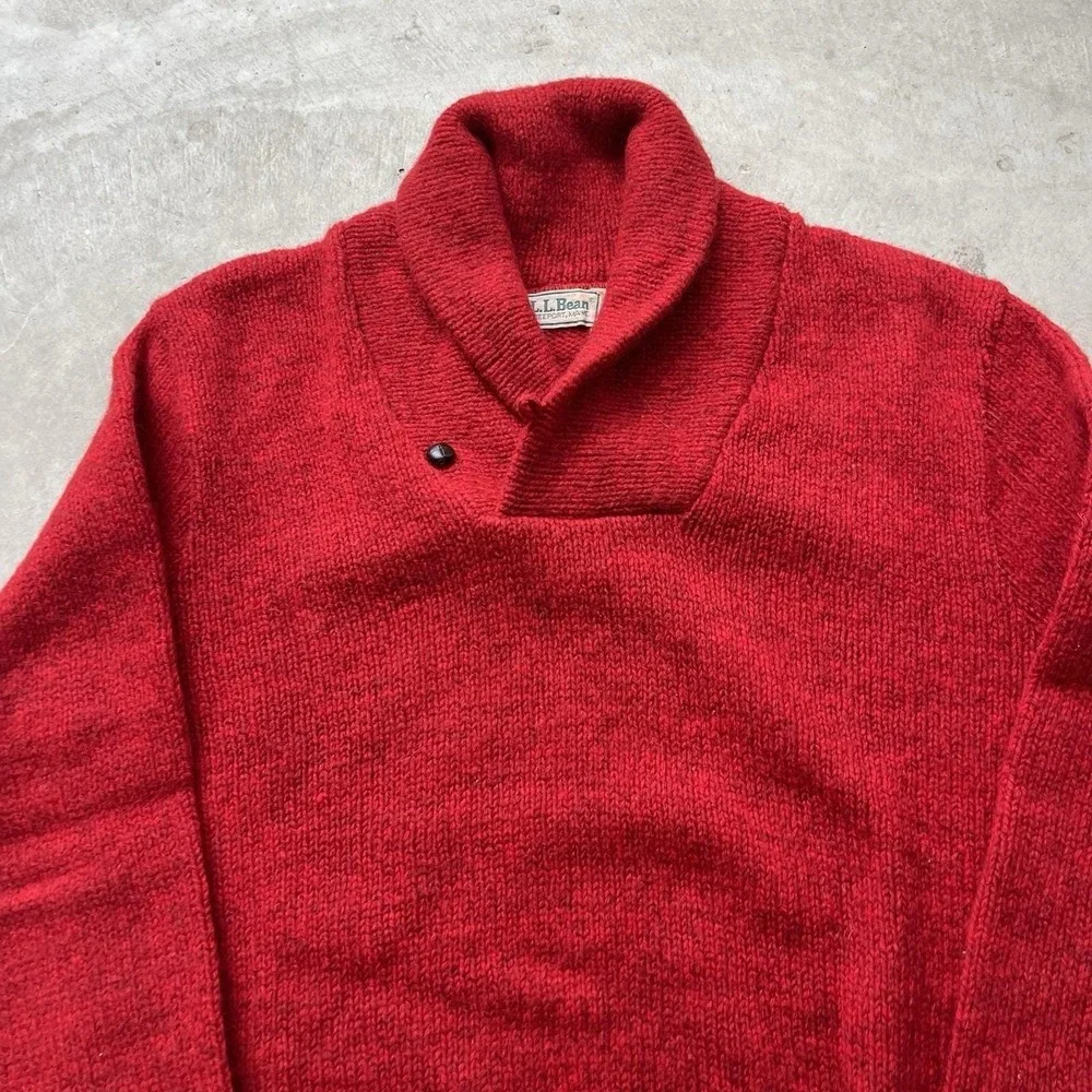 Vintage 90s L.L. Bean Red Wool Fisherman Knit Sweater Coastal Shawl Neck‎ Size M